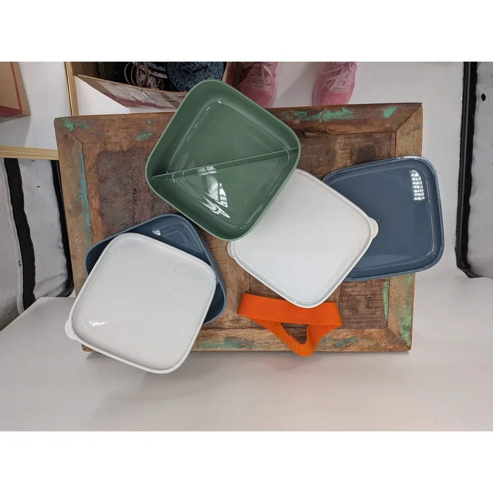 Pampered Chef Bento Lunch Box Set Blue Green Stackable Meal Prep with Strap